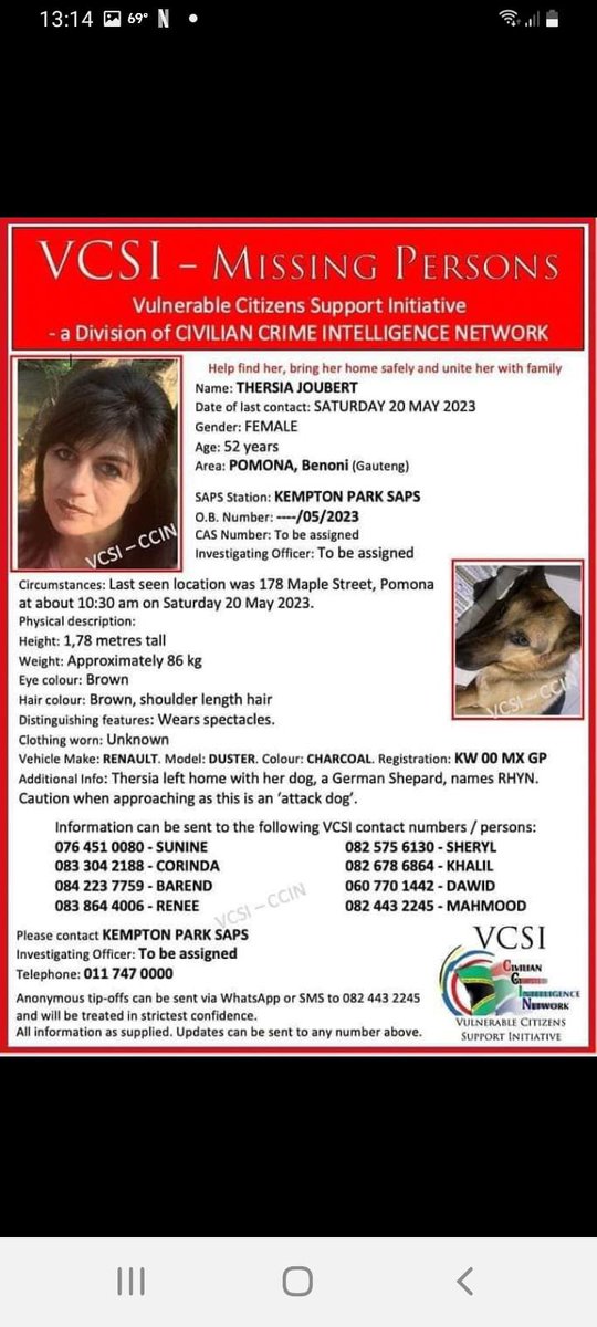 MISING PERSON
Please contact our Control Room if spotted
0861248911
Blue Hawk Tactical