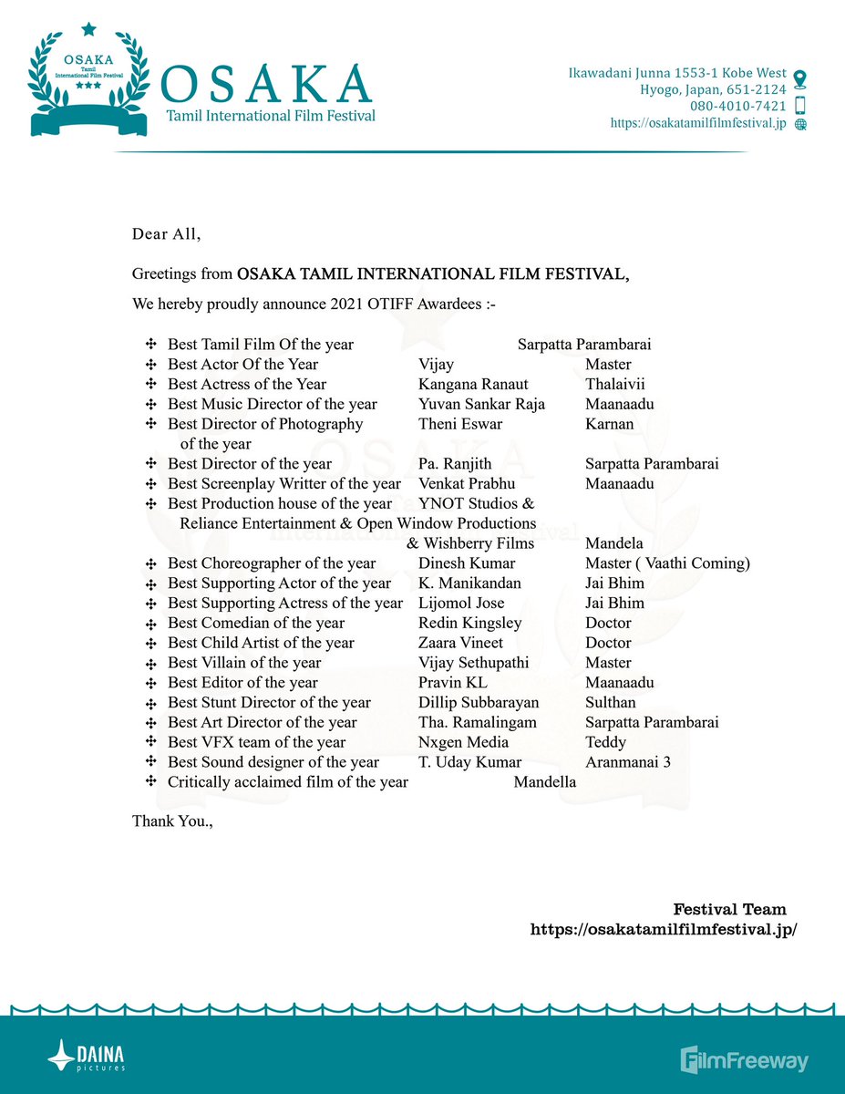 #OTIFF2021 Awardees List 💐 @ThanthiTV @TamilTheHindu @PTTVOnlineNews @SunTV @KskSelvaPRO @Rajini_Japan @SureshDaina