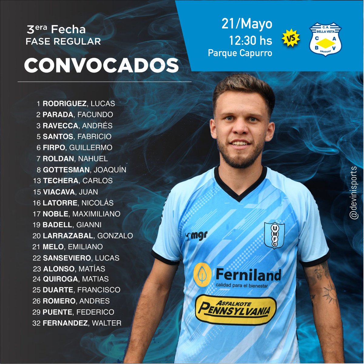 umfc1921's tweet photo. Buen día barriada!

Juega la celeste del Pueblo Victoria.

Estos son los convocados por Joaquin Boghossian para enfrentar a Bella Vista.

#UruguayMontevideofc https://t.co/W0aIRmjrsE