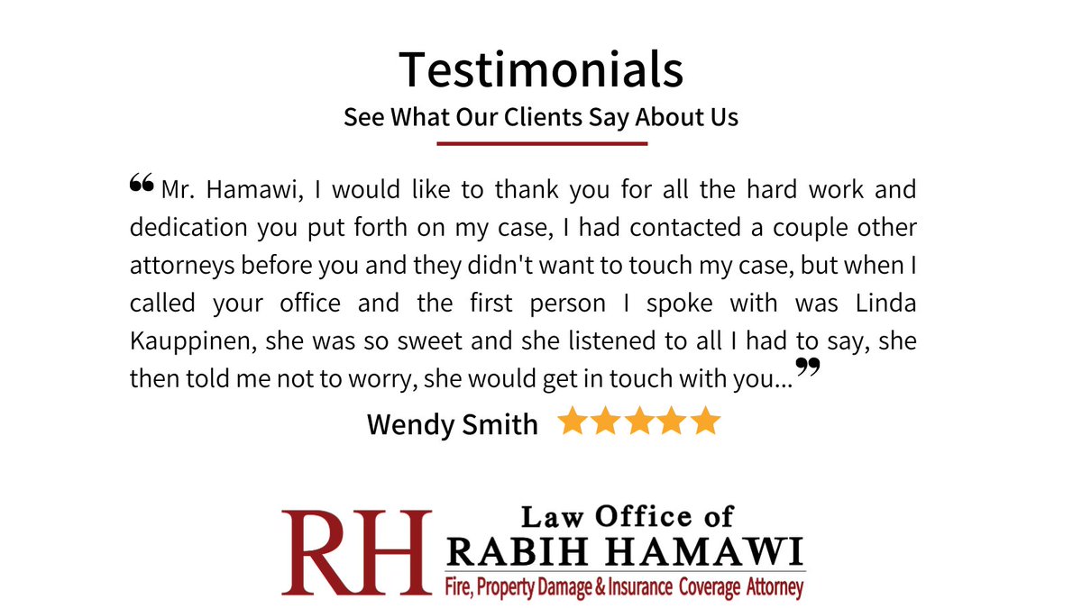 RabihHamawi's tweet photo. Wendy Smith – 5-Star Review.

🌐https://t.co/iu1w9V06EK

#attorneyrabihhamawi #michiganinsuranceattorney #michiganinsurancelawyer #fireinsurancelawyer #michiganattorney #michiganhomeowner #propertyinsuranceattorney #propertydamageinsurancelawyer #insurancelawyer https://t.co/cEoMCNa587