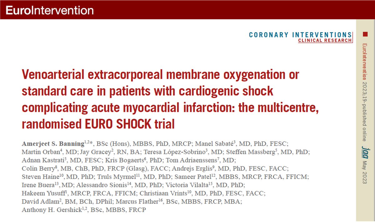 Underpowered due to poor recruitment, the trial findings support further randomized trials on early V-A ECMO use in cardiogenic shock accompanying acute myocardial infarction that does not improve after primary PCI of the culprit lesion. #EAPCI ow.ly/5YtL50OsKQn