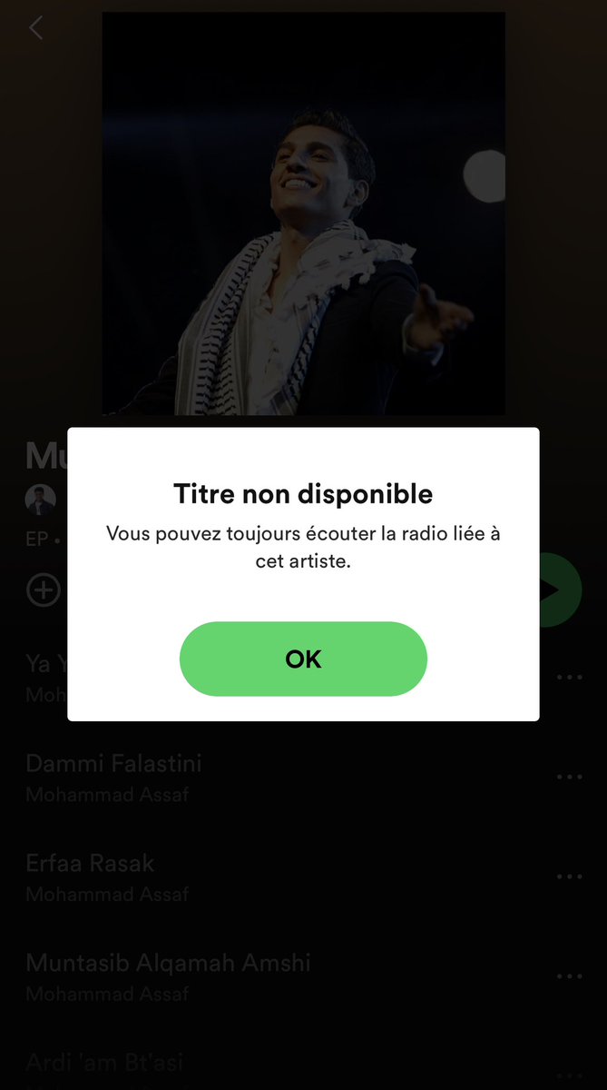 MoonMonira's tweet photo. Dans le plus grand des calmes la plateforme de musique #Spotify a supprimé la chanson Dammi Falastini « Mon sang est palestinien » de l’artiste Mohammad Assaf. @spotifyfrance des explications ? https://t.co/Yc4H3vNFFX