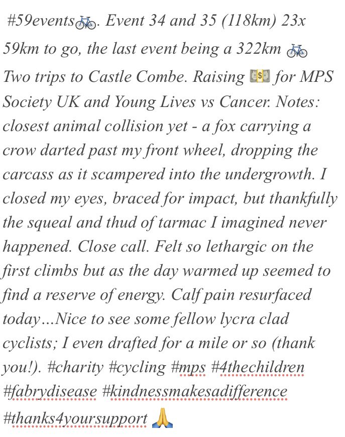 454Steven's tweet photo. #59eventsπ². Event 34 and 35 (118km) 23x 59km to go, the last event being a 322km π² Two trips to Castle Combe. Raising π΅ for @MPSSocietyUK and @YLvsCancer #charity #cycling #mps #4thechildren #fabrydisease #kindnessmakesadifference #thanks4yoursupport π https://t.co/MgJXTBrRNi