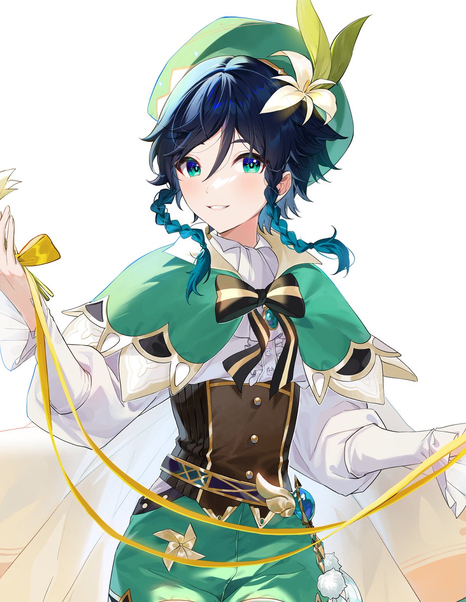 venti (genshin impact) male focus 1boy solo hat flower braid green headwear  illustration images