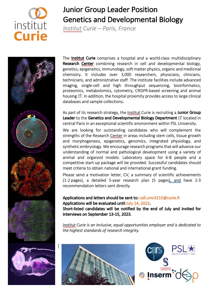 BardinLab's tweet image. Junior Group leader call, July 14 deadline!

Come join us- be another of our fantastic dept. colleagues @bellaiche_y @LeopoldLab @zebragut @AlenaShkumatava  Margueron lab @maitrejl @slvfre @DeborahBourchis and @institut_curie
Amazing facilities, dynamic institute, heart of Paris!
