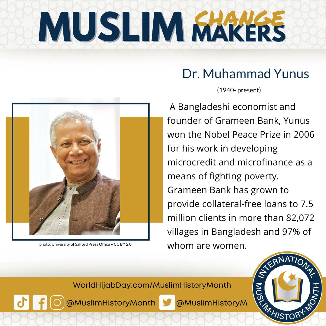 muslimhistorym's tweet photo. Meet the inspiring social entrepreneur, Dr. Yunus, who pioneered microcredit and microfinance, empowering millions of women in Bangladesh. Nobel laureate and founder of Grameen Bank, changing lives one loan at a time.
#GetToKnowMuslims
#MuslimHistoryMonth https://t.co/8GRqP0tWgK