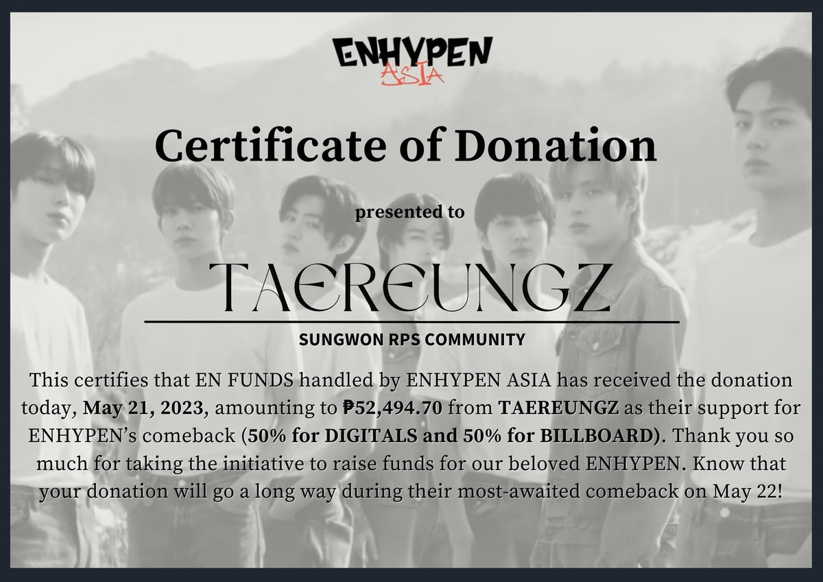 AsiaEnhypen's tweet image. [PROOF OF DONATION]

Today, May 21, 2023, our team has received a total amount of ₱52,494.70 from @taereungzcafe .

We sincerely commend your initiative and creative minds that made this huge donation possible.

Thank you for choosing us as your beneficiary, know that this will…