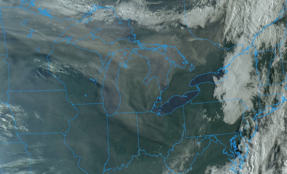 Wildfire smoke showing up well on satellite this morning from Pennsylvania to Minnesota! 

#pawx #mnwx