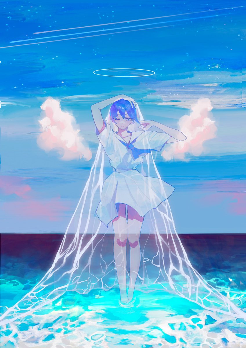 solo 1girl sky blue hair cloud halo water  illustration images