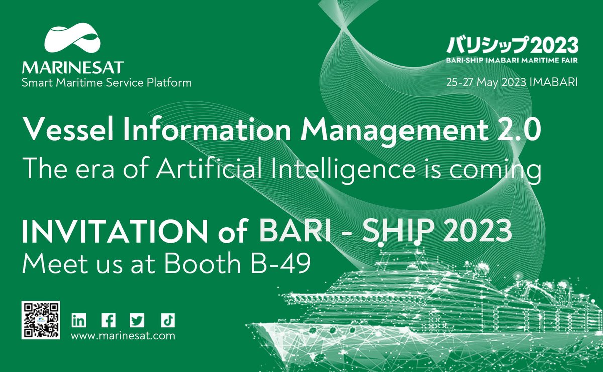 marinesat58's tweet photo. Marinesat is thrilled to join Bari-Ship2023. Visit booth B-49 to explore our latest products: VSAT and AI-powered ship info management solutions. We look forward to your visit!
#BARISHIP2023 #VSAT #5G4G #international4G #IoT #ECDIS #shipsradios #AI #GMDSS https://t.co/4unUH900Je