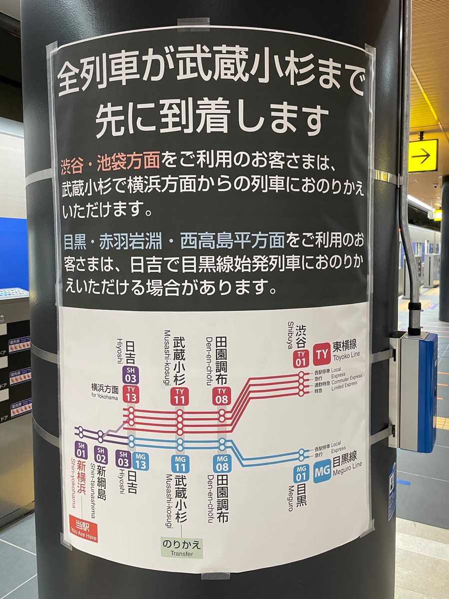 新横浜線新横浜駅にて。前からこの案内あった？
本当にこれで良いのよ。相鉄線内で東横線直通だの目黒線直通だの丁寧に案内し過ぎて騒がれてる。
「横浜行とJR直通と東急直通を見分けろ。あとは武蔵小杉で考えろ。」で十分。むしろその方が先着列車に乗り換えられる可能性高いから親切。