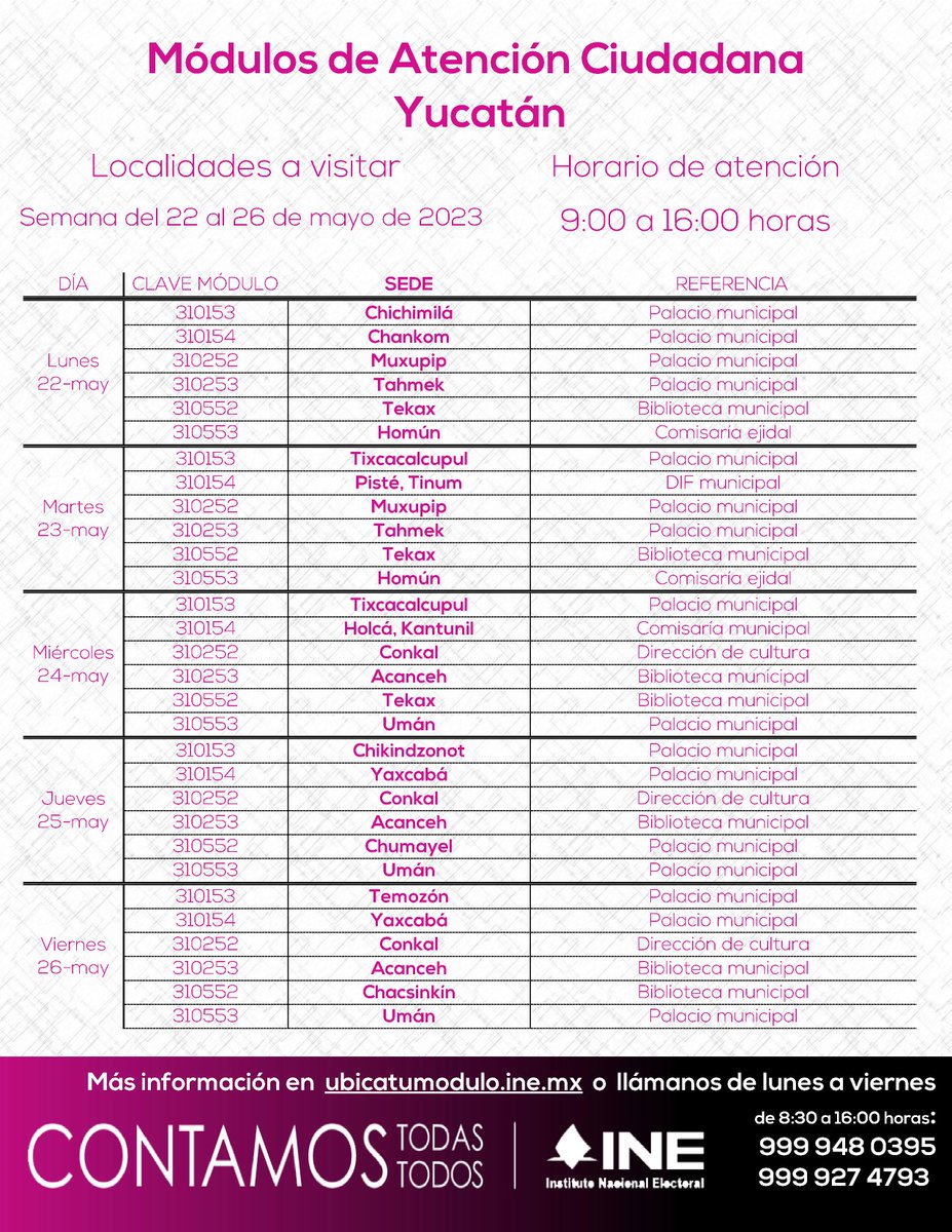 INEYucatan's tweet photo. Atención: #Chichimila, #muxupip, #chamkom, #Tahmek, #Tekax, #Homún, #Tixcacalcupul, #Pisté #Tinum; #Holcá #Kantunil, #CONKAL; #Acanceh, #Umán, #Chikindzonot, #Yaxcaba, #Chumayel, #Temozón y #Chacsinkín, los módulo del @INEYucatan les visitarán del 22 al 26 de mayo. https://t.co/DXmkMxQjHV