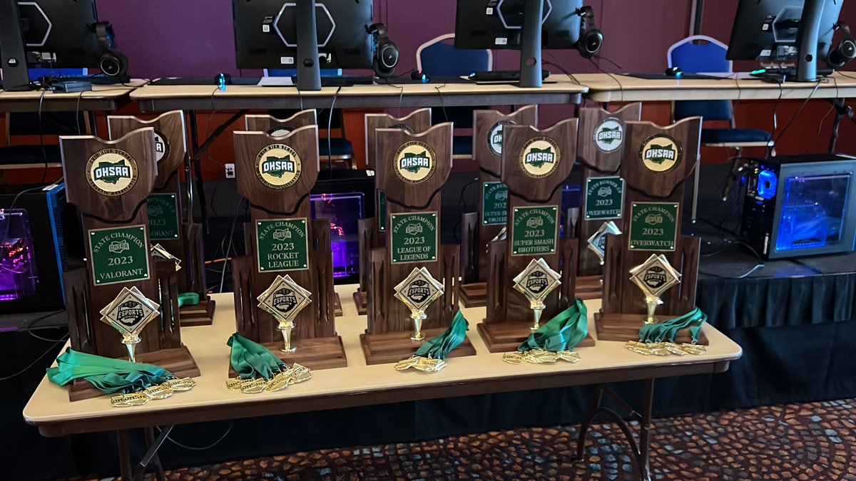 esports_ohio's tweet photo. Today we get to hand these @OHSAASports trophies out. We are so excited! https://t.co/ziqFk4yzXE