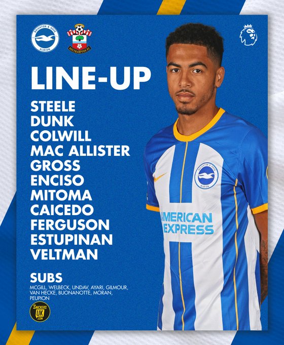 Albion v Southampton team graphic featuring an image of Levi standing to the side with his arms crossed behind his back: Steele, Dunk, Colwill, Mac Allister, Gross, Enciso, Mitoma, Caicedo, Ferguson, Estupinan, Veltman. Subs: McGill, Welbeck, Under, Ayari, Gilmour, van Hecke, Buonanotte, Moran, Peupion. Come on Albion!