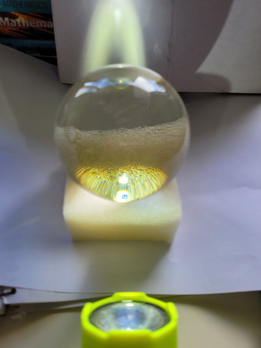 @johncnaylor @OpticsAUNZ @johnmdudley @IDLOfficial #InternationalDayofLight #IDL2023 The setup for producing these images is very simple – a white LED torch, and, a glass sphere (75 mm diam.) sitting on a sponge (foam rubber) support. The setup is imaged with a hand held phone camera. It can also be enjoyed by eye.