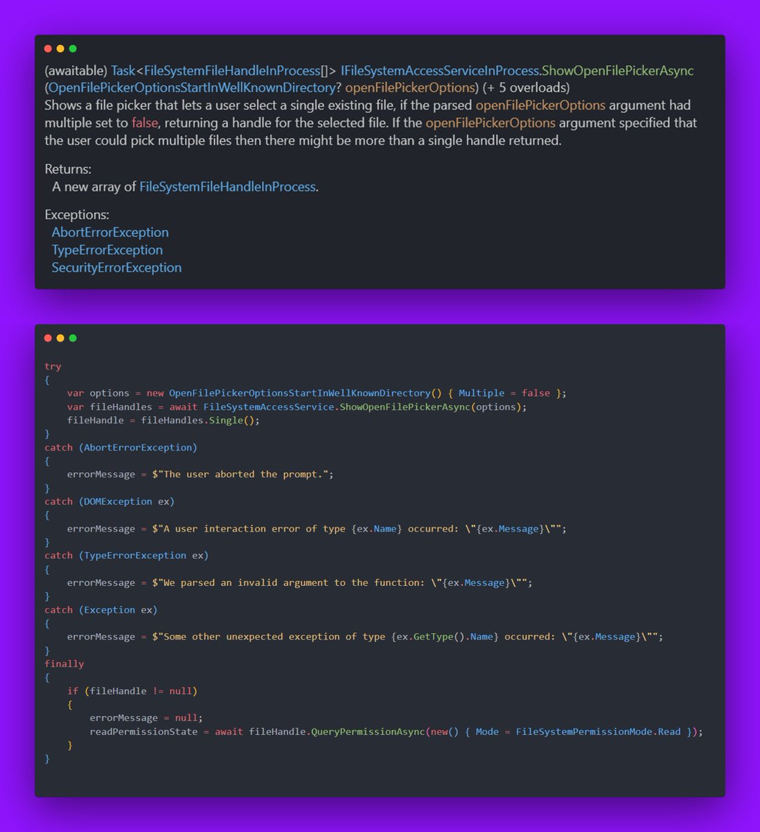 KStrubeG's tweet photo. The next feature for my File System Access Blazor wrapper is Exceptions. Making it both easy and discoverable to handle the different exception cases that exist when working with the file system.
Will release soon.
#dotnet #blazor #csharp #webidl
Project: https://t.co/9BGol77RsW https://t.co/G0XVA23t9Z