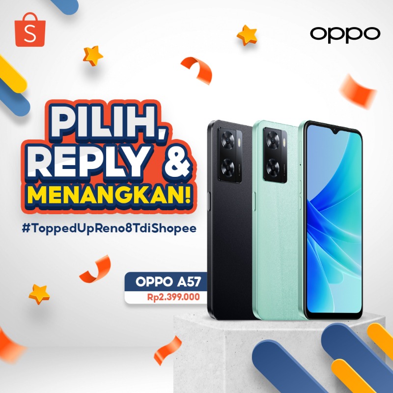 ShopeeID's tweet photo. ✨ GIVEAWAY OPPO A57 ✨

Hari ini mimin &amp; OPPO mau GIVEAWAY OPPO A57 senilai 2,3JT++ nih! Cara dapetinnya:

- FOLLOW @ShopeeID
- RT &amp; LIKE tweet ini
- KLIK banner di bawah
- REPLY warna OPPO A57 impian kamu + hashtag #ToppedUpReno8TdiShopee

Good luckkkk! 🧡