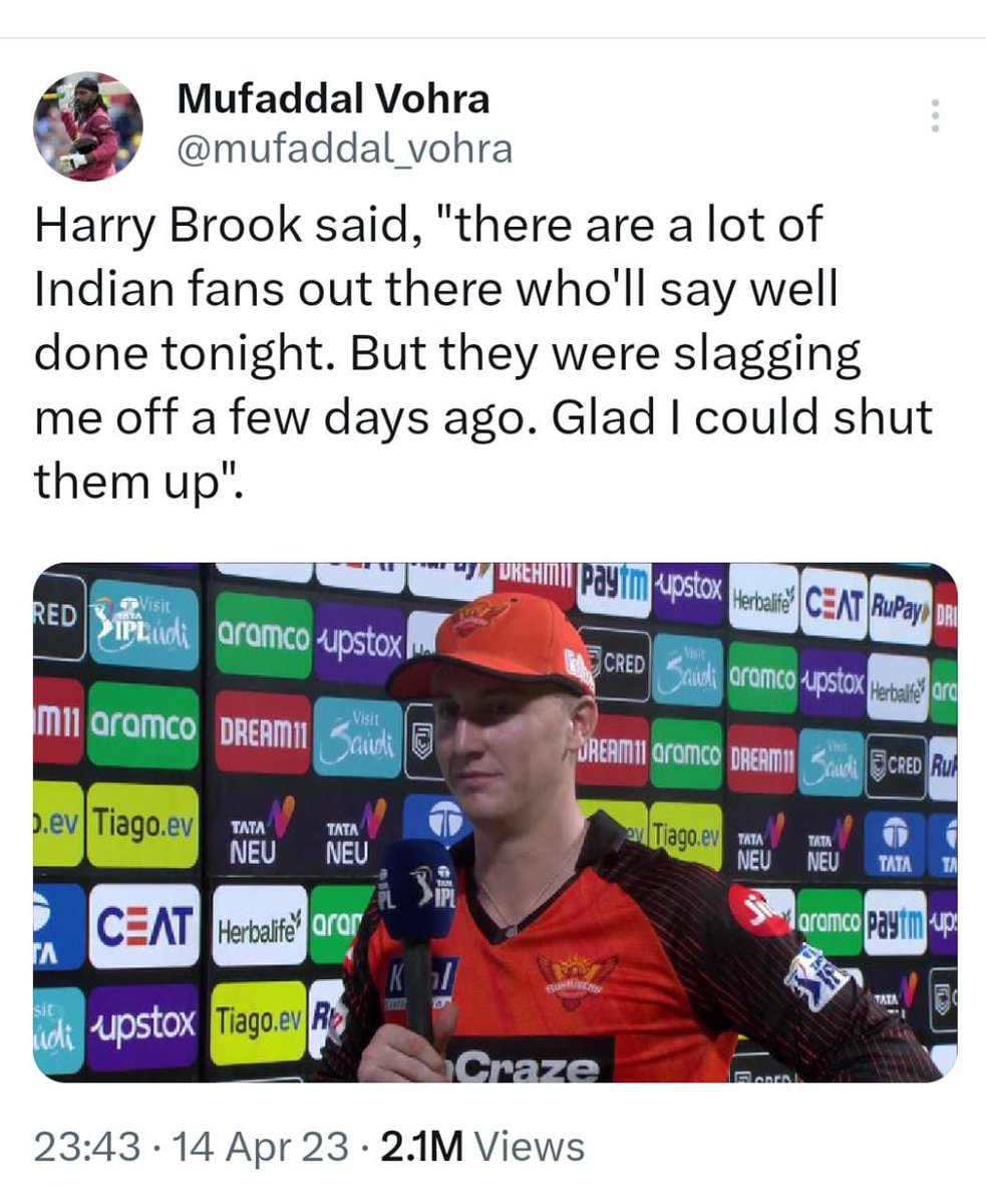 Harry Brook in IPL 2023:
13 (21)
3 (4)
13 (14)
100 (55) - 😂
9 (7)
18 (13)
7 (14)
0 (2)
0 (4) 
27* (19)
0 (1) 
#TATAIPL #MIvsSRH