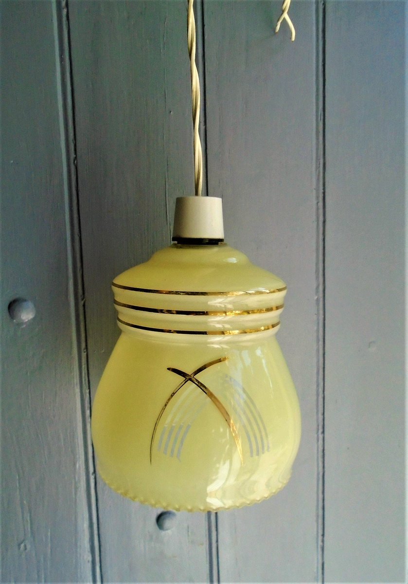 Vintage French Art Deco Style Glass Ceiling Light etsy.me/3OqdGUZ #yellow #gold #entryway #artdeco #metal #retroceilinglight #vintagelight #1930spendantlight #frenchpendantlight