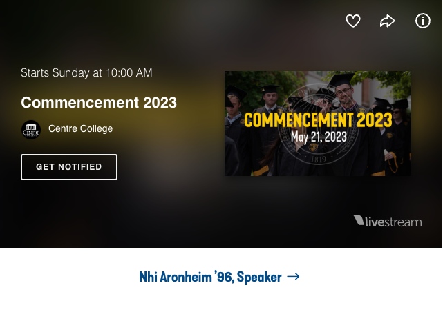 The College’s bicentennial Commencement ceremony will begin at 10 a.m. on Sunday, May 21.

Be sure to visit Centre College's website for a full schedule of #CentreGrad23 activities, including a link to the live webcast of Commencement 2023: centre.edu/commencement-h…. 🎓