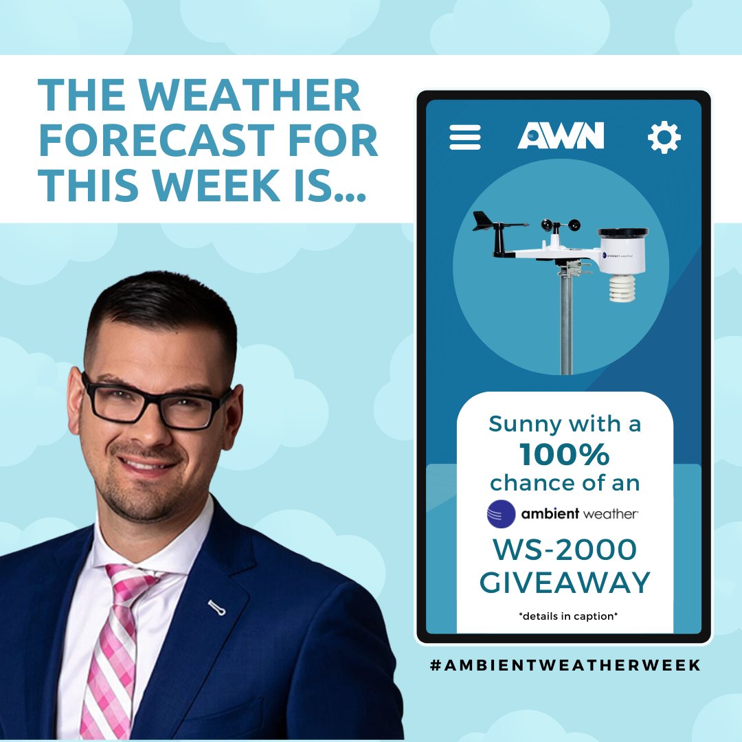 Ambient Weather (@ambientweather) on Twitter photo GIVEAWAY RULES:
🌞 Must be following us, <a href="/CarlyCassadyWX/">Carly Cassady</a>, <a href="/MattMakens/">Matt Makens, Makens Weather</a>, <a href="/iCyclone/">Josh Morgerman</a>, & <a href="/NorEasterNick/">Nick Pittman</a> (they're each giving away a different weather station!)
🌦️ RETWEET this post
⚡ BOOM, you're entered!
#ambientweatherweek GIVEAWAY RULES:
🌞 Must be following us, <a href="/CarlyCassadyWX/">Carly Cassady</a>, <a href="/MattMakens/">Matt Makens, Makens Weather</a>, <a href="/iCyclone/">Josh Morgerman</a>, & <a href="/NorEasterNick/">Nick Pittman</a> (they're each giving away a different weather station!)
🌦️ RETWEET this post
⚡ BOOM, you're entered!
#ambientweatherweek
