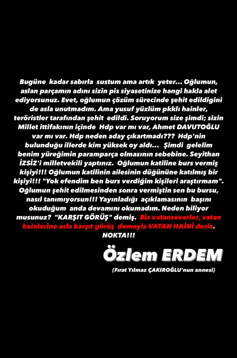 OrhunnHaber's tweet photo. Şehit Fırat Yılmaz Çakıroğlu’nun annesi Özlem annemiz yaptığı açıklamayla ZİLLET İTTİFAKINA,  KILIÇDAROĞLU'NA ve İYİ PARTİ'ye tepki gösterdi!

“Biz vatanseverler, vatan hainlerine asla karşıt görüş  demeyiz VATAN HAİNİ deriz”

#KararVer #OylarKemale #Pazar https://t.co/mZ0rh3CgdQ