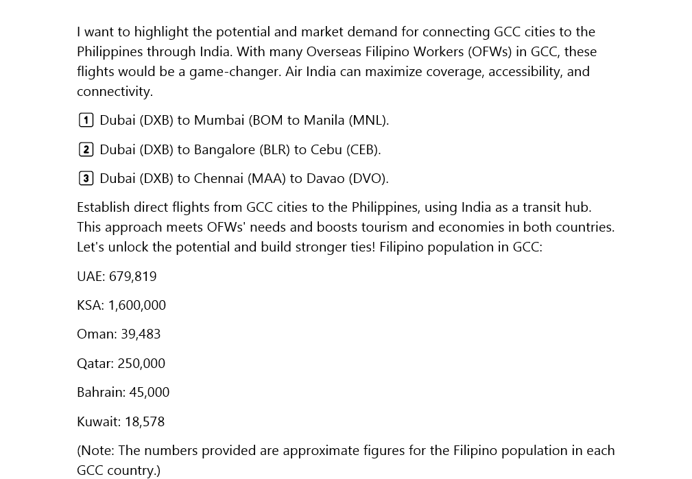 Hello @airindiain @TataCompanies @DGCAIndia @RNTata2000 #CampbellWilson Connecting GCC cities to the Philippines via India has immense potential. With significant Overseas Filipino Worker populations in the GCC region, direct flights would be a game-changer. Let's maximize cover