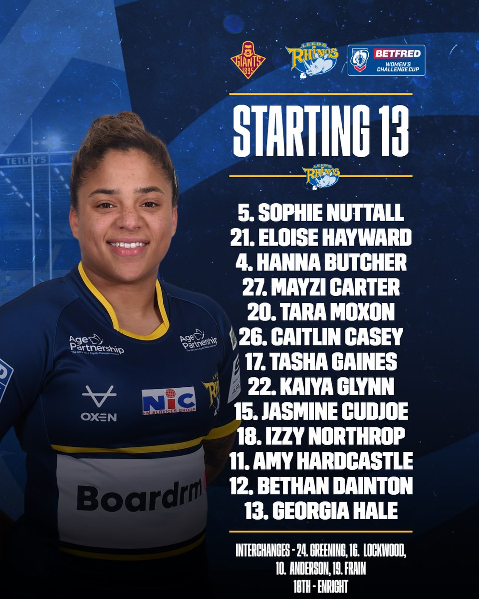 TEAM NEWS | Mayzi Carter starts at centre for the Rhinos today against @GiantsWRL.  Elle Frain is named on the bench for the first time since picking up an injury in the league against Giants.

#LeedsRhinosWRL #TeamRhinos