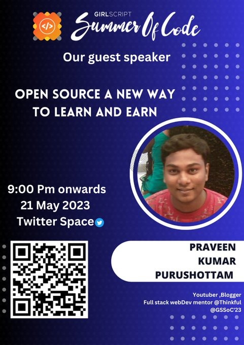 sajalbatradev's tweet photo. Exciting news everyone
@praveenscience
will be joining us as the special guest tonight in the Twitter space along with
@dev_roshangeorg
@AryamanZ29
@AyushKu38757918
Looking forward to seeing you all
#opensource #tech #twitter #tech_twitter
#GSSOC23
@girlscriptsoc https://t.co/g0PlvaOoXc