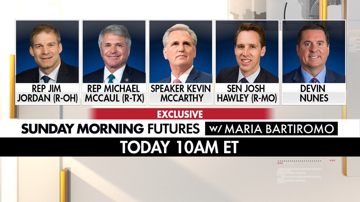 MariaBartiromo's tweet photo. Good #Sunday morning.  We have breaking news today on #debt &amp; #durham @SundayFutures @FoxNews 10am et. Join us @Jim_Jordan @JudiciaryGOP @Weaponization @RepMcCaul @HouseForeignGOP @SpeakerMcCarthy @HawleyMO @DevinNunes https://t.co/LMhyTFAw67