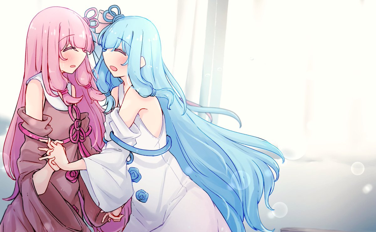 kotonoha akane ,kotonoha aoi multiple girls 2girls pink hair sisters long hair dress holding hands  illustration images