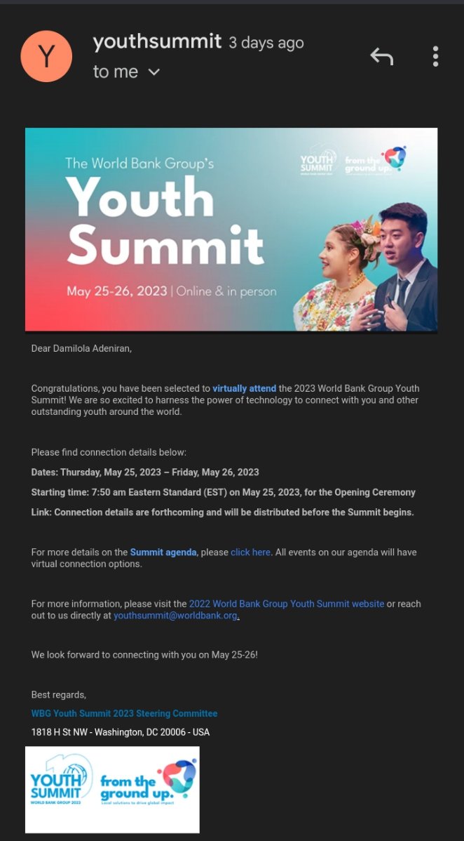 'Given the high number of talented applications', I am elated to have been chosen to be a delegate to virtually attend the 2023 World Bank Group Youth Summit,taking place this year at Washington DC.

I look forward to taking in all the summit has to offer.

#WorldBankGroup #PTG