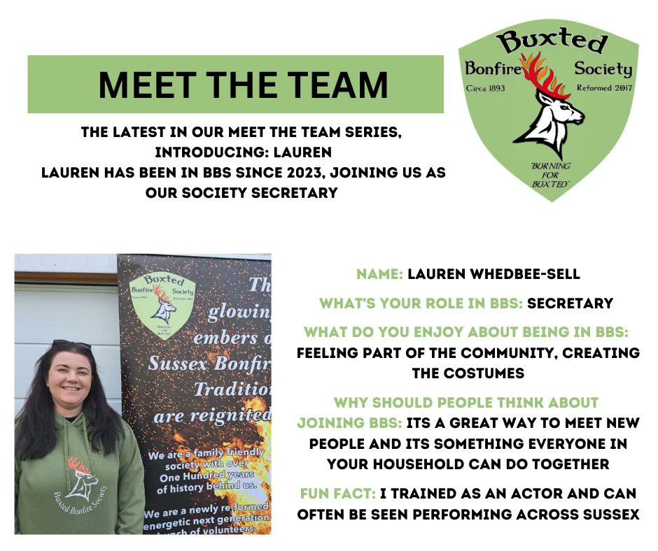 The latest in our meet the team series:
Lauren has been in BBS since 2023, joining us as our society secretary.
If you would like to join Buxted Bonfire Society, please see our website buxtedbonfiresociety.co.uk/membership to sign up.
#buxtedbonfiresociety #bonfire