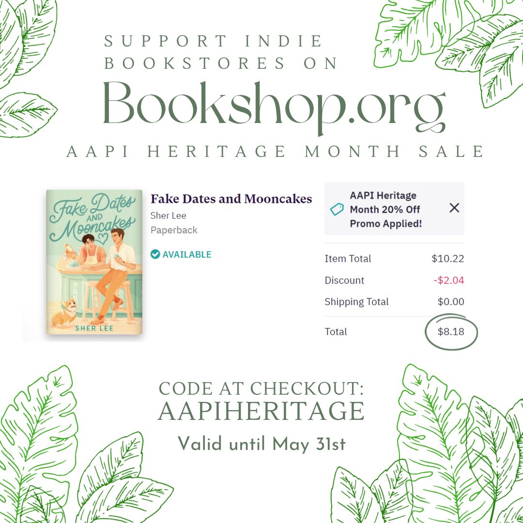 Support indie bookstores through @Bookshop_Org and get FAKE DATES AND MOONCAKES in paperback at only $8.18!

FDAM is one of the #AAPIHeritageMonth books selected for 20% off until May 31st!

Code at checkout: AAPIHeritage

Buy link: bookshop.org/p/books/fake-d…