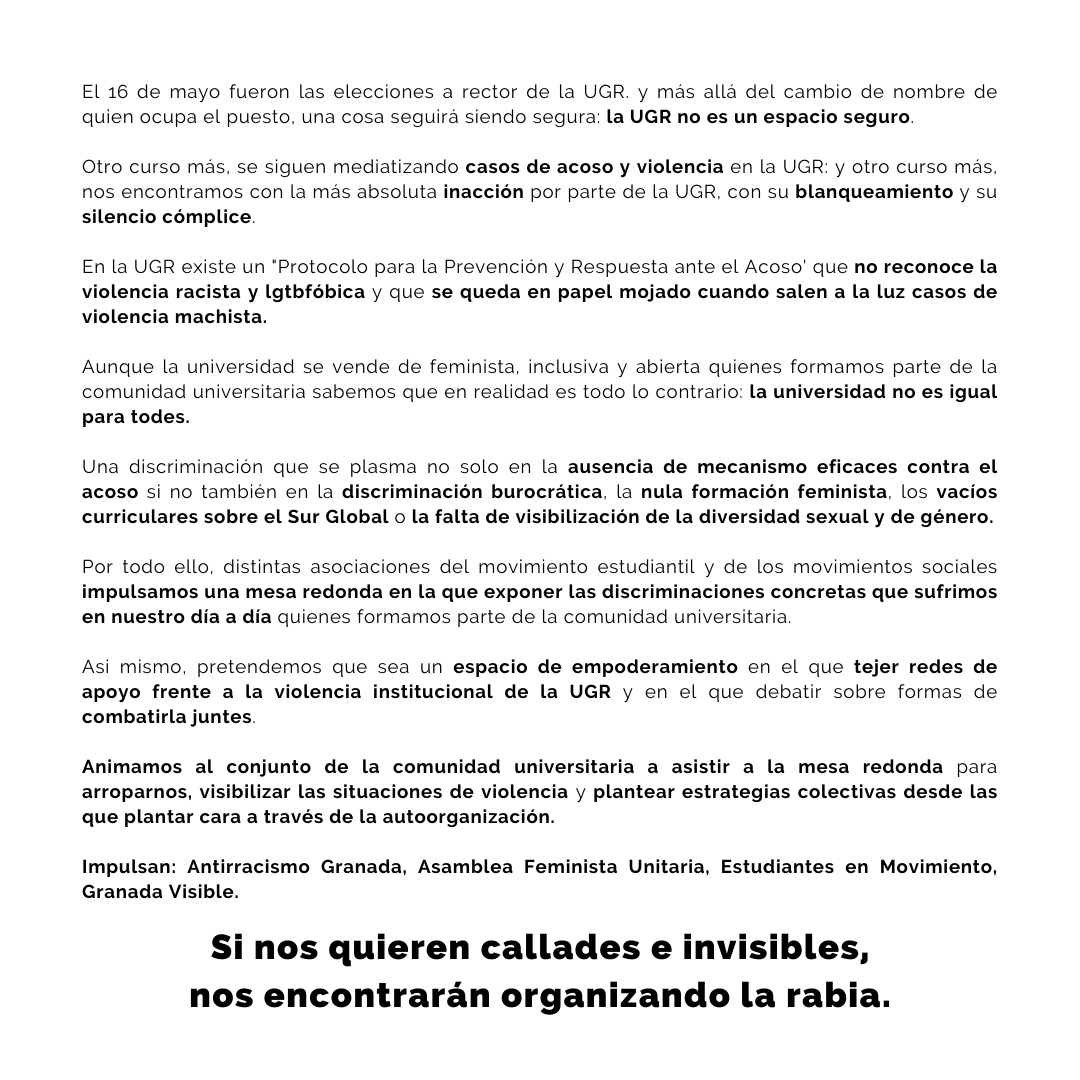 🟢🟣🏳️‍🌈🏳️‍⚧️✊🏿 Convocamos junto con <a href="/afeministagr/">Asamblea Feminista</a> , <a href="/granadavisible/">Granada Visible 🏳️‍🌈</a> y Antirracismo Granada esta Mesa Redonda.