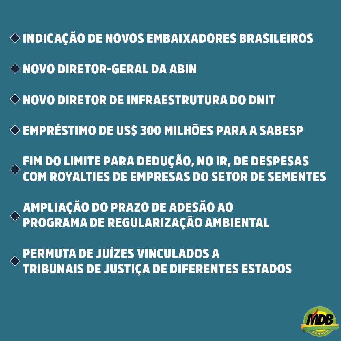 mdbnosenado's tweet photo. ➡A semana que se encerrou foi marcada pelas aprovações das indicações de diversas autoridades que representarão o Brasil no exterior. Antes de passar pelo Plenário, os indicados foram ouvidos nas comissões do Senado.
#mdb #mdbnosenado #eusoumdb #pontodeequilibrio https://t.co/KFwfydyD4M
