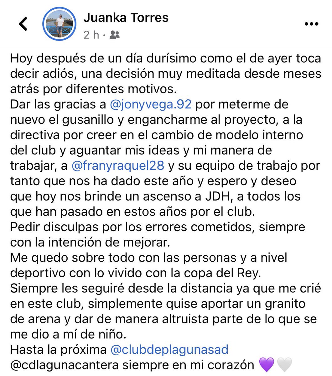CD_LAGUNA1984's tweet photo. COMUNICADO OFICIAL|
Con el termino de la temporada de nuestro regional @92Jonyvega y Juanka Torres finalizan su relación con el club, desde aquí les agradecemos el trabajo realizado y les deseamos todos los éxitos e futuros proyectos.
Personas que son parte del club💜💜 https://t.co/bdVKngBZV1