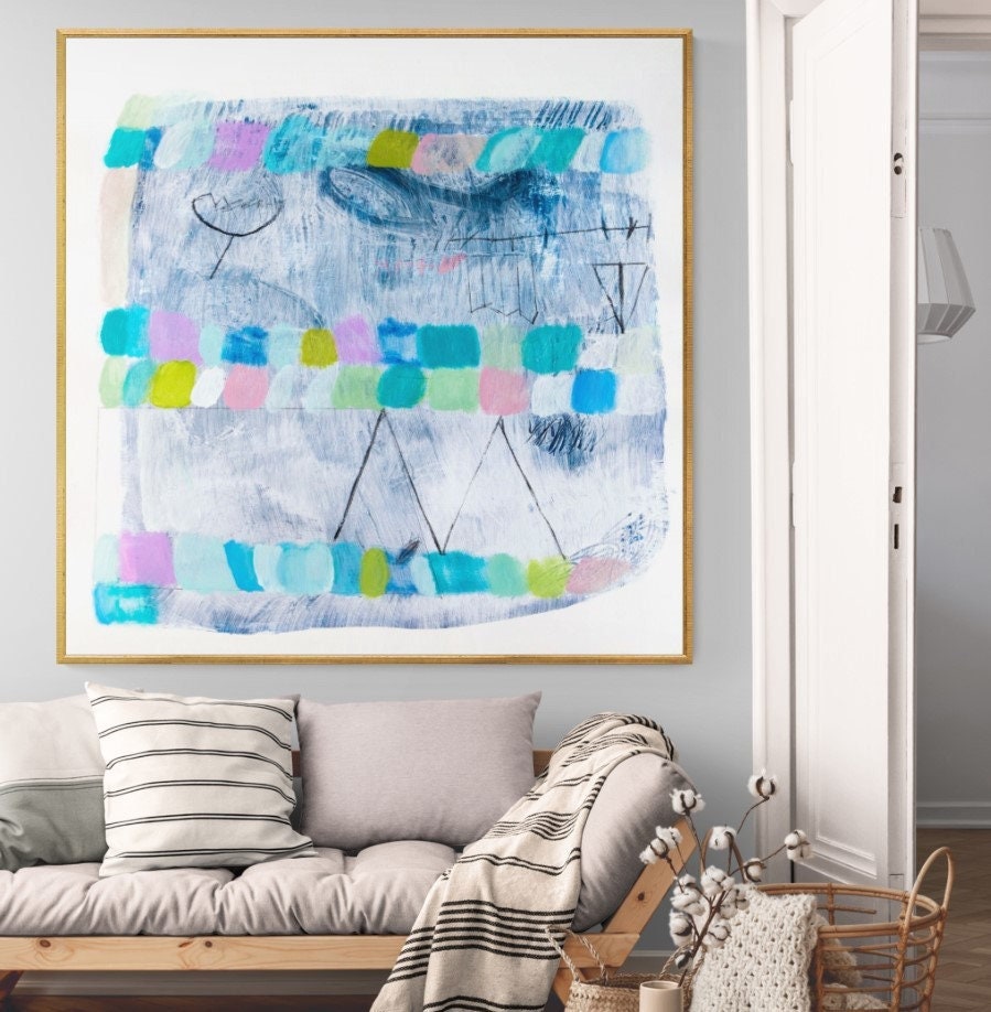 blue wall art Abstract painting print, pastel pink mid century modern abstract art Large wall decor print with light blue pink and yellow etsy.me/43cXDhl #blue #housewarming #pink #entryway #contemporary #architecturecityscape #abstractpainting #largewallart