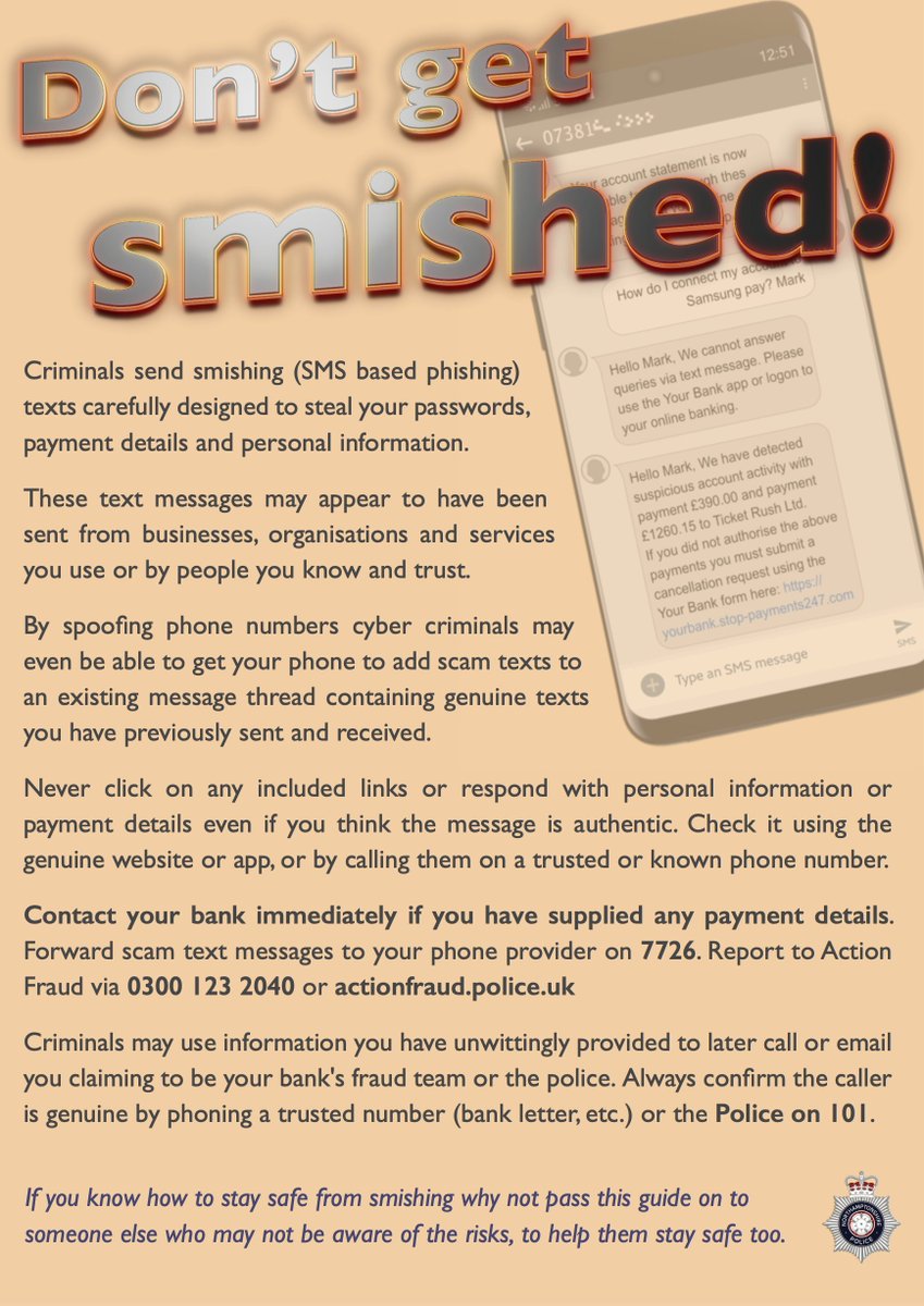 @NCSC report text scams to 7726  #smishing