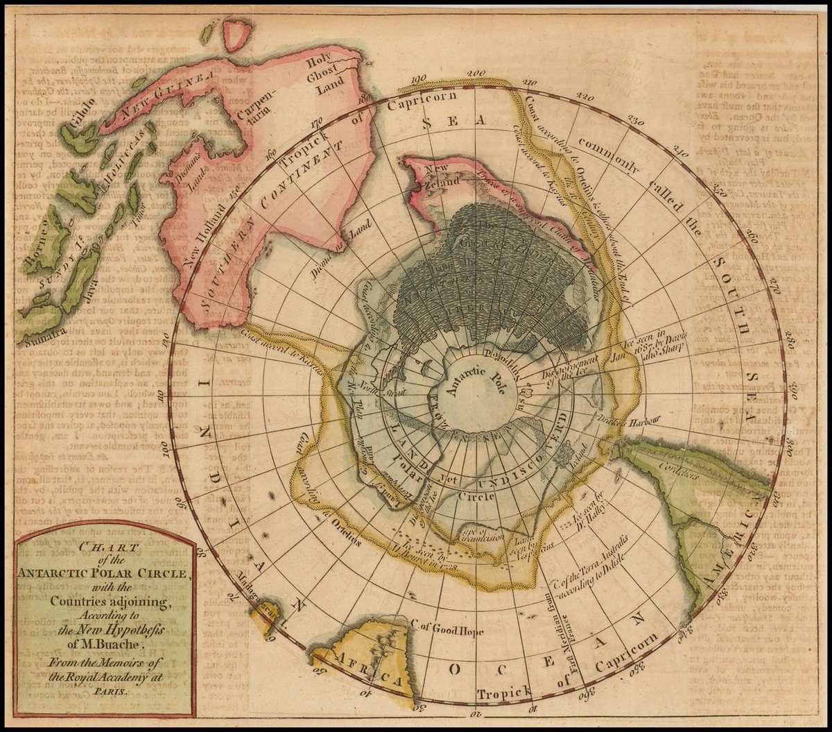 Land yet undiscovered. Antarctic Polar Circle map by Philippe Buache geographer. #map of #Antarctic  Region from detail from Bouvet de Lozier's expedition 1738-9. Postulates speculates &amp; hypothesized are words describing the map. What can we discover now about the world and us?