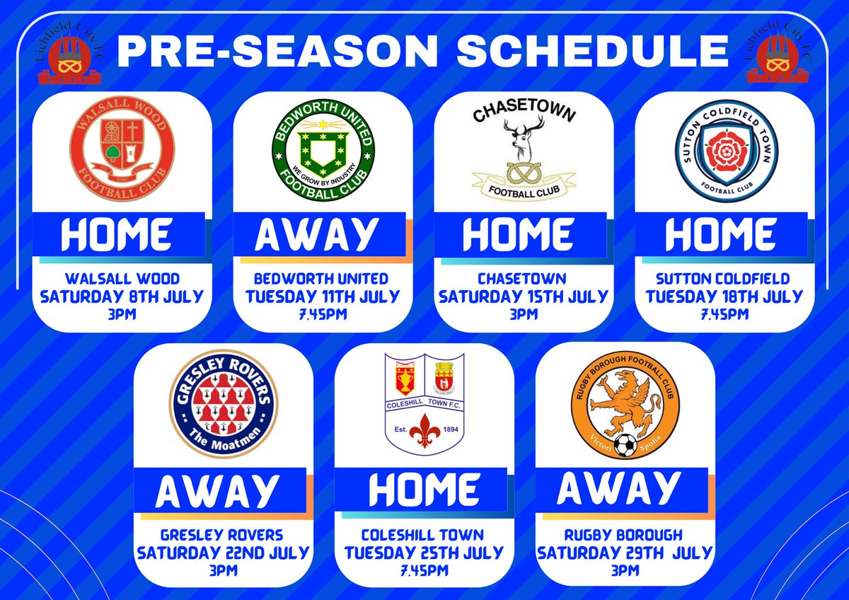 Our pre-season schedule has been confirmed and Manager Ivor Green has put together a challenging one: @WalsallWoodFC @bedworth_united @ChasetownFC1954 @SCTFC @GresleyRovers @coleshilltownfc @Rugbyboroughfc