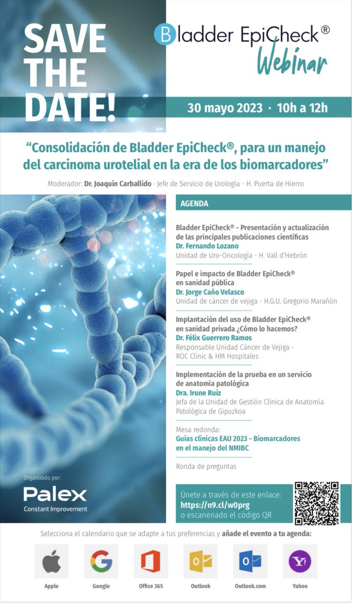 🧬 Webinar #BladderEpicheck el día 30 de mayo junto a @DrFelixGuerrero @dr_flozano Dra. Ruiz y Dr.Carballido.

⏰ 10:00 am

🔗 n9.cl/wOprg

#palex #bladdercancer #cancerdevejiga #urothelialcancer