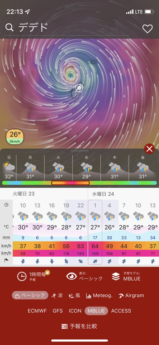 ama_mecha's tweet photo. 今回の台風2号Mawar（マーワー）火曜夜から水曜朝までの最大瞬間風速がヤバい。わりと当たるMBLUEの予報だと最大149km/h。このままだと家の窓割れる。 https://t.co/aYNnfDl1Jd