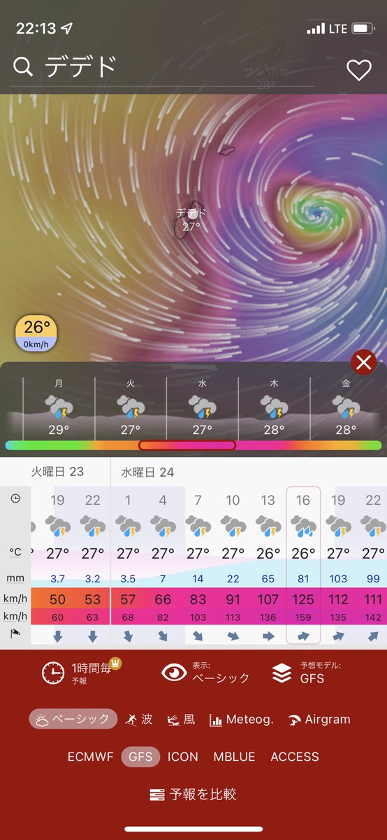 ama_mecha's tweet photo. 今回の台風2号Mawar（マーワー）火曜夜から水曜朝までの最大瞬間風速がヤバい。わりと当たるMBLUEの予報だと最大149km/h。このままだと家の窓割れる。 https://t.co/aYNnfDl1Jd