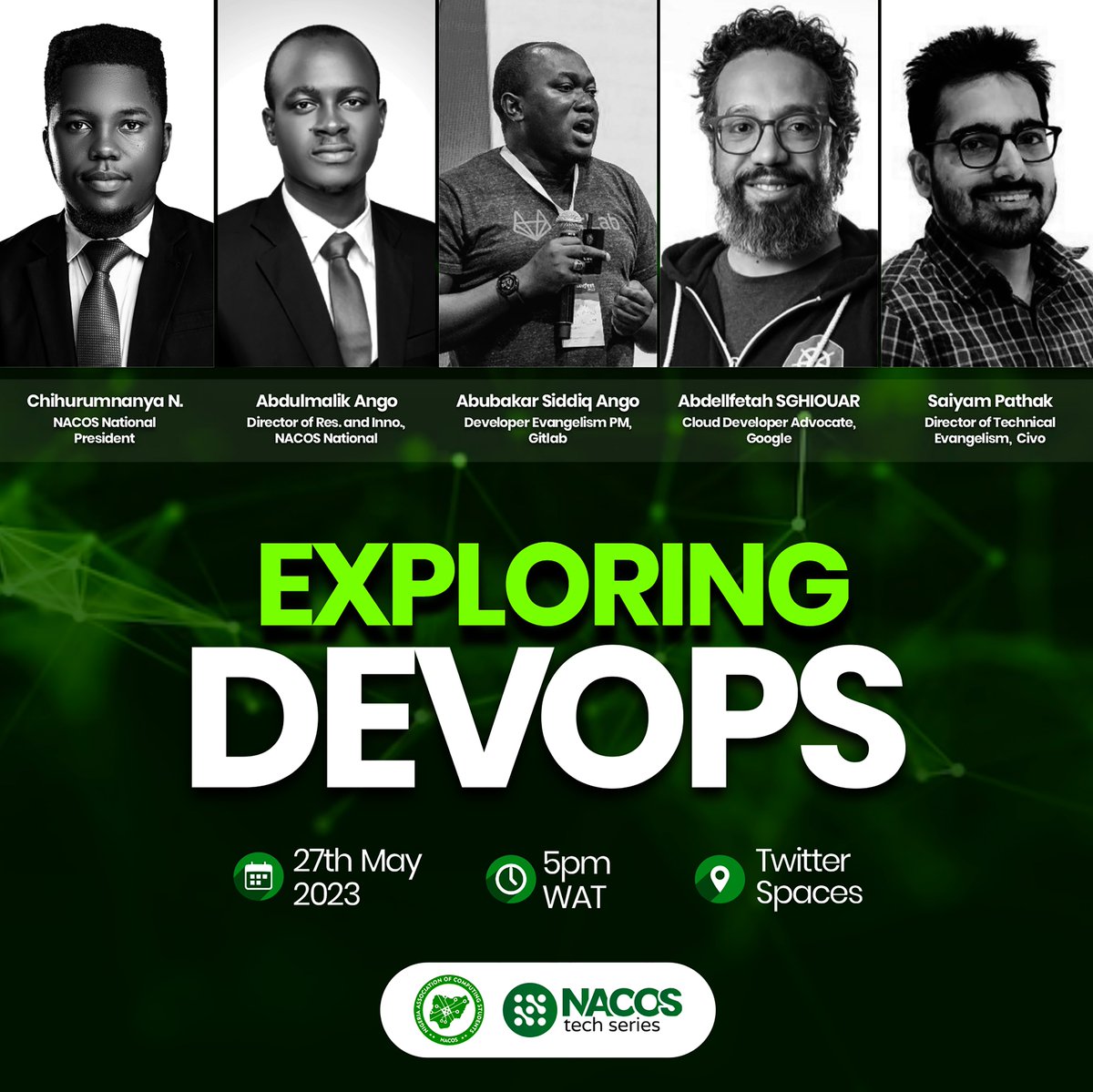 Join us on Twitter Spaces for a discussion on DevOps with three experts from <a href="/Google/">Google</a>, <a href="/CivoCloud/">Civo</a>  , and <a href="/gitlab/">🦊 GitLab</a>!

Hosts/Speakers: <a href="/cnndev/">Chihurumnanya N.</a> <a href="/abdulmalikango/">Abdulmalik Ango</a> @saiyampathak <a href="/boredabdel/">Abdel SGHIOUAR</a> <a href="/sarki247/">Abubakar Siddiq Ango</a> 

🗓 May 27th at 5:00 pm (WAT)!
🔗 x.com/i/spaces/1LyGB…

See you there!