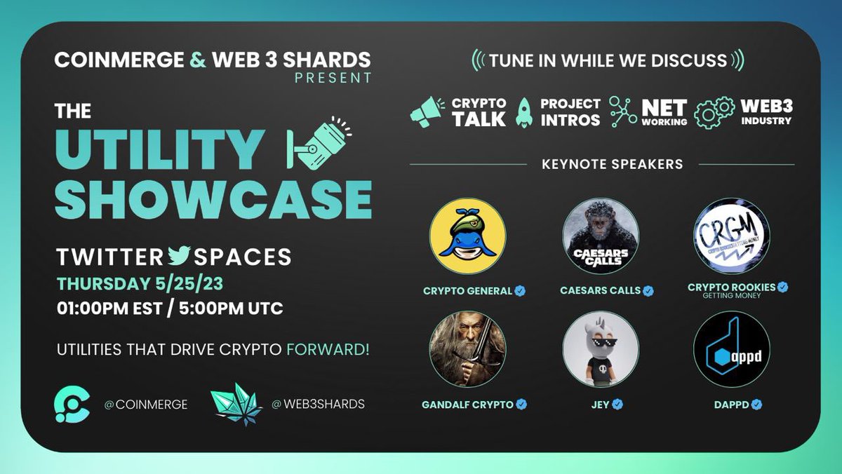 coinmerge's tweet image. 📢Web3Shards.io Debuts The Utility Showcase!

💥⭐️ Panel
💥5 Min Slots
💥#Web3 Utility Focused

Ready to ShowCase?

✅Follow
@Web3Shards
@CaesarsCalls
@DaCryptoGeneral
@gandalfcryptto
@cryptorookiesGM
@dappdLLC
@zeerowtax
✅Retweet
✅Tune In👇