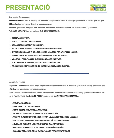 ImpulsemOlerdol's tweet photo. Us presentem nostre programa 📄 pensat per a tots els olèrdolencs i olèrdolenques que formen el nostre poble i que són la nostra gent. Sense ells vosaltres no som ningú.
#votaimpulsem #eleccionsmunicipals2023 #moja #cantrabal #daltmar #santperemolanta #santmiqueldolèrdola https://t.co/LtseKg47wX
