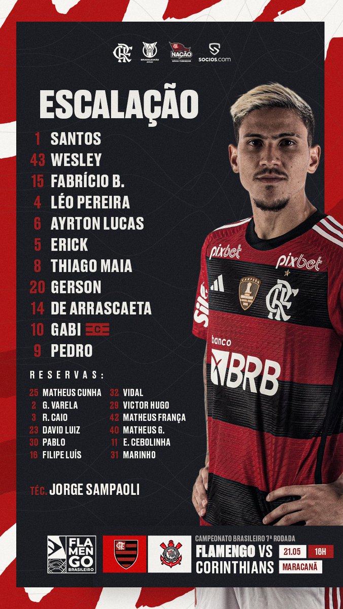 Flamengo's tweet photo. NOSSO TIME É A GENTE EM CAMPO! O Flamengo está escalado para enfrentar o Corinthians, pelo @Brasileirao!  

#VamosFlamengo #CORxFLA https://t.co/NlCtPXgUMp