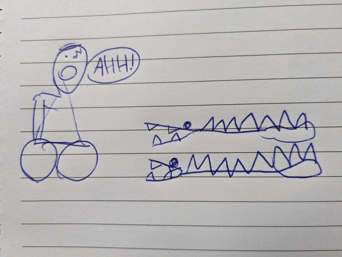 SMarshall1987's tweet photo. My 6 year old was asking what to draw, so I thought I would test her with Harry potter riding a motorbike being chased by crocodiles. 

She understood the assignment...

#art #masterpiece #childgenius https://t.co/bTl1DimtAT