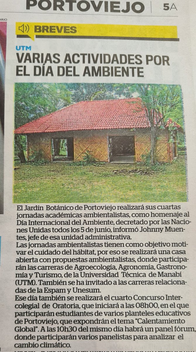 JBotanicoPorto's tweet photo. Hoy @eldiarioec  en en edición  dominical, destaca el retorno  de las #JornadasAmbientalistas al @jardinbotanicou  que se  inician el lunes 5 de Junio. Gracias al apoyo de su nuevo  rector @santiagoquirof

#DíaInternacionalDelAmbiente https://t.co/8gQqXLZAEa